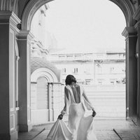 Ivory Crepe Open Back Wedding Dress and Handmade Embellishments, Long Sleeve Wedding Dress with Train, Beach Wedding Dress, Bridal - Thumbnail 2