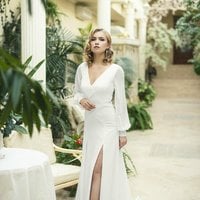 Ivory Crepe Open Back Wedding Dress and Handmade Embellishments, Long Sleeve Wedding Dress with Train, Beach Wedding Dress, Bridal - Thumbnail 4