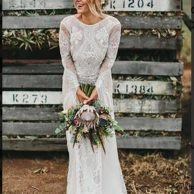 Long sleeve ivory lace wedding dresses see through backless boho wedding dresses 