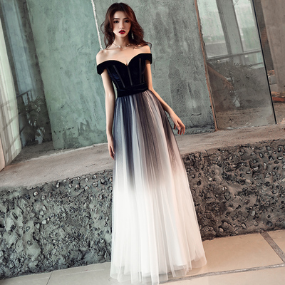 Black v neck tulle velvet long prom dress, evening dress - Thumbnail 5
