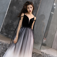  Black v neck tulle velvet long prom dress, evening dress - Thumbnail 1
