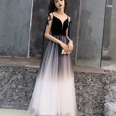 black v neck tulle velvet long prom dress, evening dress - Thumbnail 4