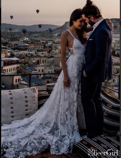 Boho Lace Beach Wedding Dresses Ivory Long Bohemian Wedding Dress