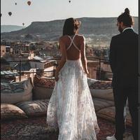 Boho Lace Beach Wedding Dresses Ivory Long Bohemian Wedding Dress - Thumbnail 2