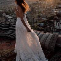 Boho Lace Beach Wedding Dresses Ivory Long Bohemian Wedding Dress - Thumbnail 3