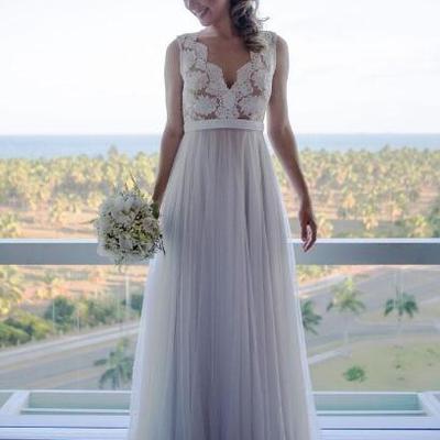 A-line v-neck vintage lace top tulle skirt beach wedding dresses