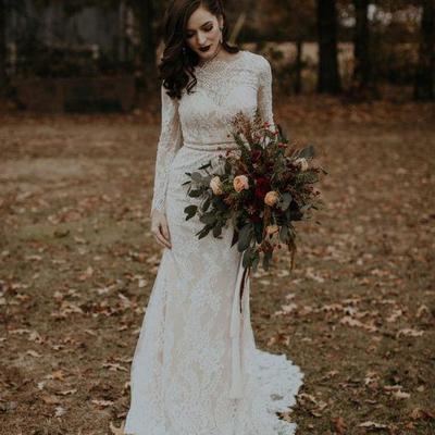 Long sleeve vintage wedding dresses backless rustic lace wedding dresses 
