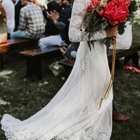 Long Sleeve Ivory Sheath Wedding Dresses Backless Lace Applique Country Wedding Dress  - Thumbnail 2