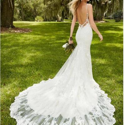 Elegant tulle spaghetti straps neckline mermaid wedding dresses with lace appliques 