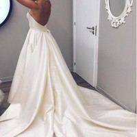Wedding Dresses 2019, Ivory Simple A Line Satin Backless Wedding Dresses  - Thumbnail 1