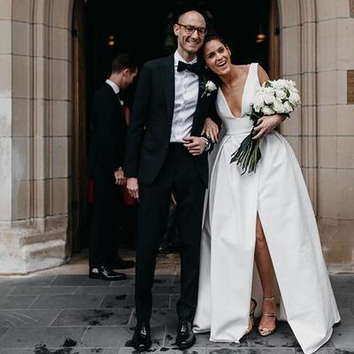 New arrival a-line satin wedding dress, sexy v-neck slit backless elegant bridal dress