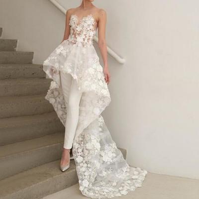 Fall two piece illusion round neck high-low wedding jumpsuit with appliques 