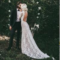 Mermaid High Neck Backless Long Sleeves Lace Beach Wedding Dress - Thumbnail 2