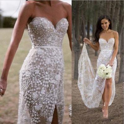 Elegant sweetheart mermaid lace wedding dress with slit sash