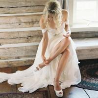 A-Line Sweetheart Floor-Length White Chiffon Beach Wedding Dress - Thumbnail 1