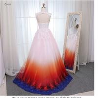 A-Line Scoop Open Back Sweep Train Ombre Wedding Dress with Appliques - Thumbnail 3