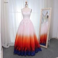 A-Line Scoop Open Back Sweep Train Ombre Wedding Dress with Appliques - Thumbnail 4