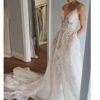 A-Line Spaghetti Straps Court Train Wedding Dress with Appliques - Thumbnail 1