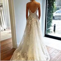 A-Line Spaghetti Straps Court Train Wedding Dress with Appliques - Thumbnail 2