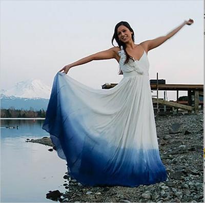 A-Line V-Neck Sleeveless Floor-Length Ombre Chiffon Ruched Wedding Dress