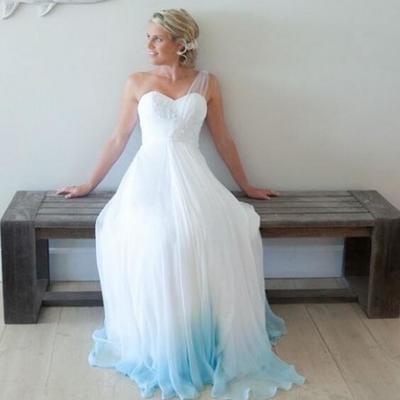 A-line one-shoulder floor-length ombre chiffon wedding dress with lace