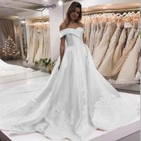 A-Line Off-the-Shoulder Court Train Satin Wedding Dress with Appliques - Thumbnail 1