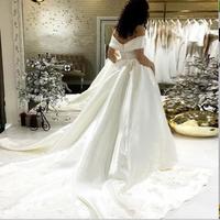 A-Line Off-the-Shoulder Court Train Satin Wedding Dress with Appliques - Thumbnail 2