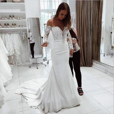 Mermaid round neck long sleeves wedding dress with lace
