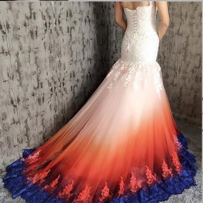 Mermaid scoop open back sweep train ombre wedding dress with appliques beading - Thumbnail 5