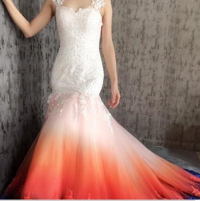 Mermaid Scoop Open Back Sweep Train Ombre Wedding Dress with Appliques Beading