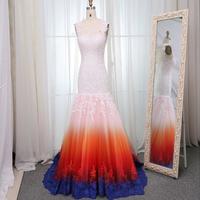 Mermaid Scoop Open Back Sweep Train Ombre Wedding Dress with Appliques Beading - Thumbnail 2