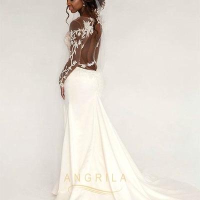 A-line long sleeves v-neck wedding dresses