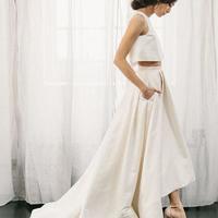 White Two Piece A Line Asymmetrical Sleeveless Satin Wedding Dress,Beach Wedding Dress  - Thumbnail 1
