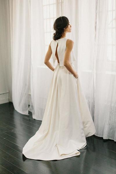 White Two Piece A Line Asymmetrical Sleeveless Satin Wedding Dress,Beach Wedding Dress 