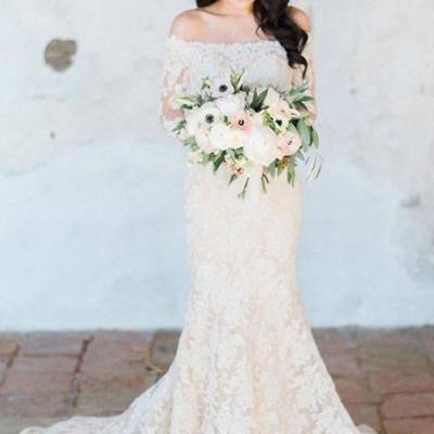 Sheath court train long sleeves off shoulder lace wedding gown,cheap wedding dress