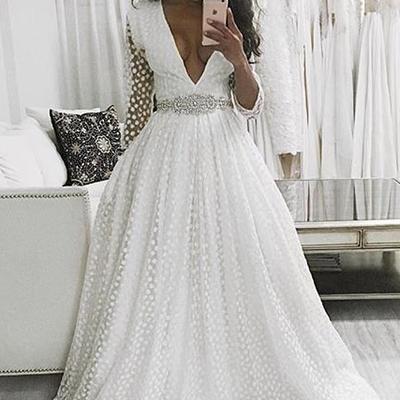 White a line sweep train deep v neck long sleeve beading belt prom dress,wedding dress 
