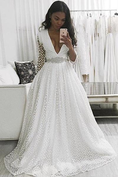 White A Line Sweep Train Deep V Neck Long Sleeve Beading Belt Prom Dress,Wedding Dress 