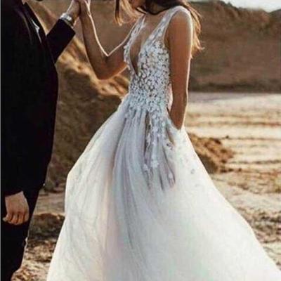 Sexy see through beach wedding dresses v neck bridal dress with slit