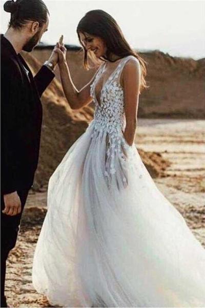 Sexy See Through Beach Wedding Dresses V Neck Bridal Dress with Slit