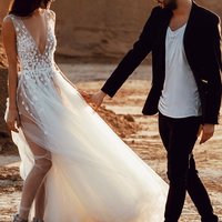 Sexy See Through Beach Wedding Dresses V Neck Bridal Dress with Slit - Thumbnail 1