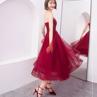Burgundy strapless tulle lace short prom dress, burgundy evening dress - Thumbnail 3