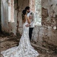 Sexy Deep V Neck Mermaid Wedding Dresses with Delicate Lace Wedding Gowns Champagne Lining Bridal Dress  - Thumbnail 1
