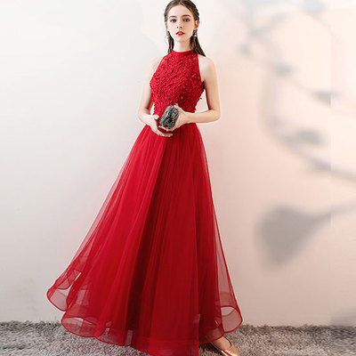 Red round neck tulle lace long prom dress, red evening dress - Thumbnail 4