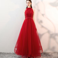 Red round neck tulle lace long prom dress, red evening dress - Thumbnail 1