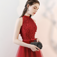 Red round neck tulle lace long prom dress, red evening dress - Thumbnail 3