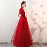 Red round neck tulle lace long prom dress, red evening dress - Thumbnail 4