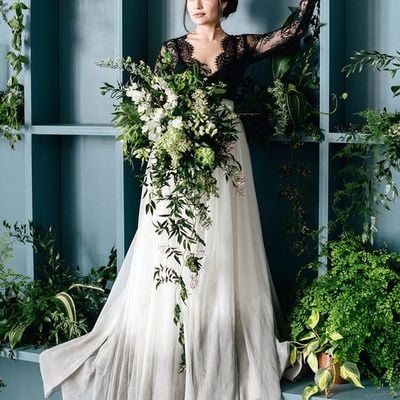 Black and ivory a line chiffon wedding dresses sheer long sleeve delicate lace bridal gowns - Thumbnail 5