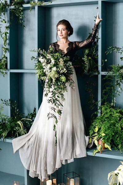 Black and Ivory A Line Chiffon Wedding Dresses Sheer Long Sleeve Delicate Lace Bridal Gowns