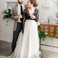 Black and Ivory A Line Chiffon Wedding Dresses Sheer Long Sleeve Delicate Lace Bridal Gowns - Thumbnail 1