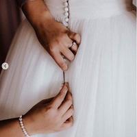 A Line Tulle Wedding Dresses Simple Crew Neck Covered Button Bow Bridal Gowns - Thumbnail 1